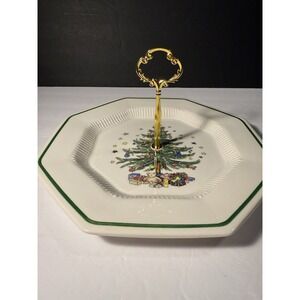 Nikko Classic Collection Christmas Tree Tidbit Tray 11" Gold Handle Japan